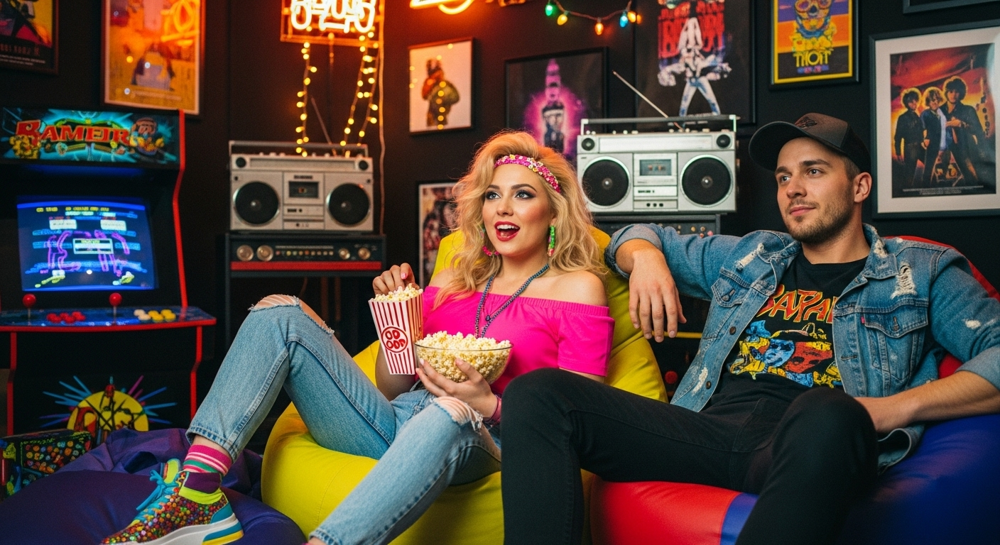 Couple dressed in vibrant 80s themed outfits for a movie party