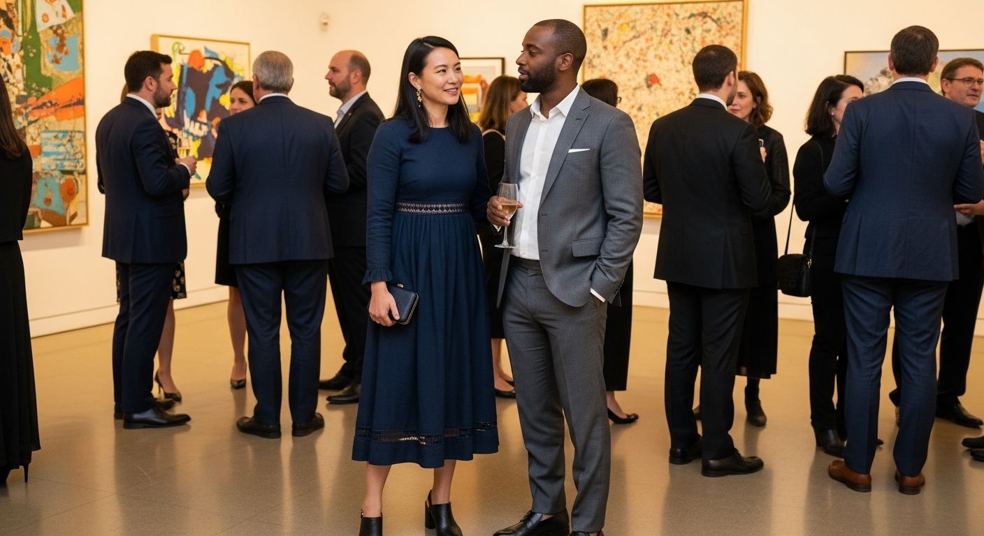 Couple dressed in semi-formal attire at a lively art opening reception