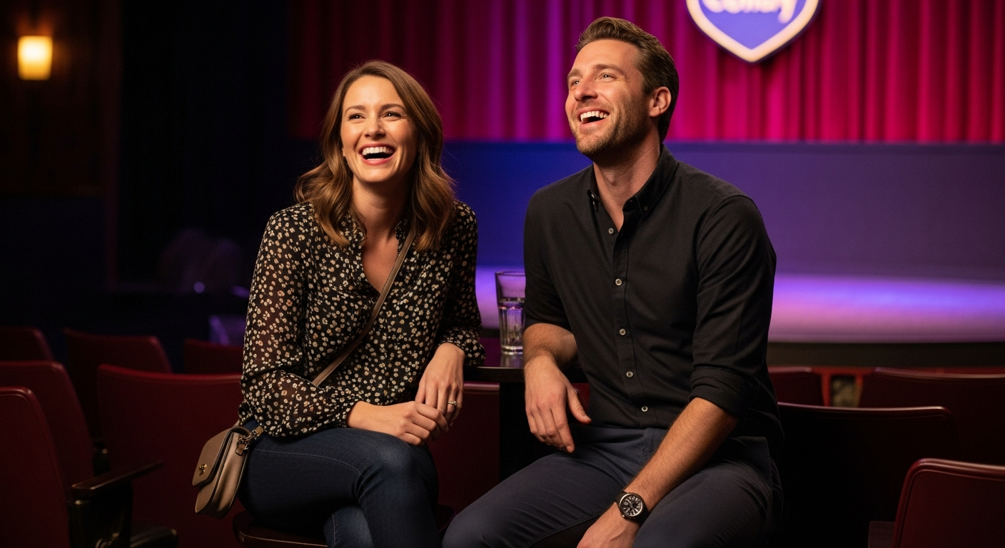 A smiling couple dressed in smart casual attire, laughing heartily at a comedy show in a dimly lit club.
