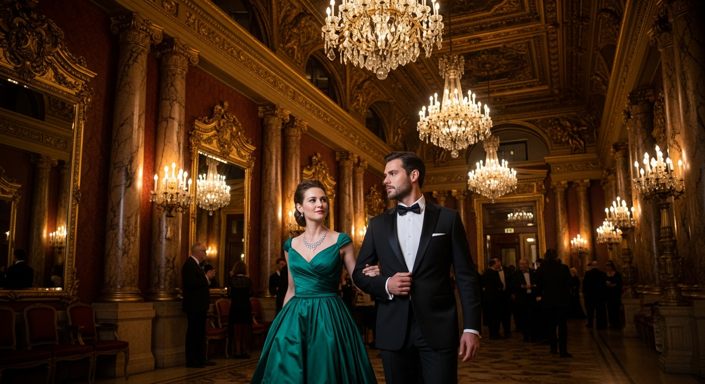 Elegant couple dressed in formal wear for an opera performance.