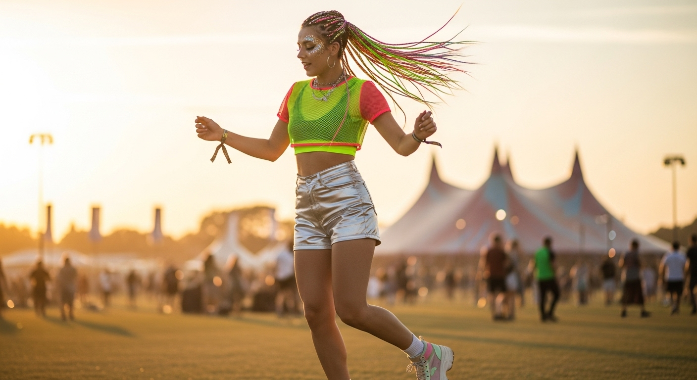Vibrant outfit with neon and mesh at an EDM festival, person dancing.