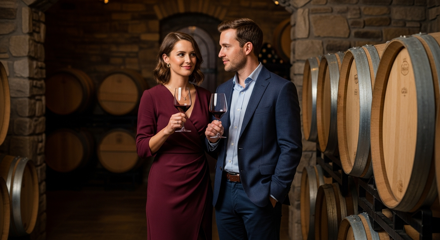 A sophisticated couple enjoying an indoor wine tasting in an elegant cellar, dressed in semi-formal attire.