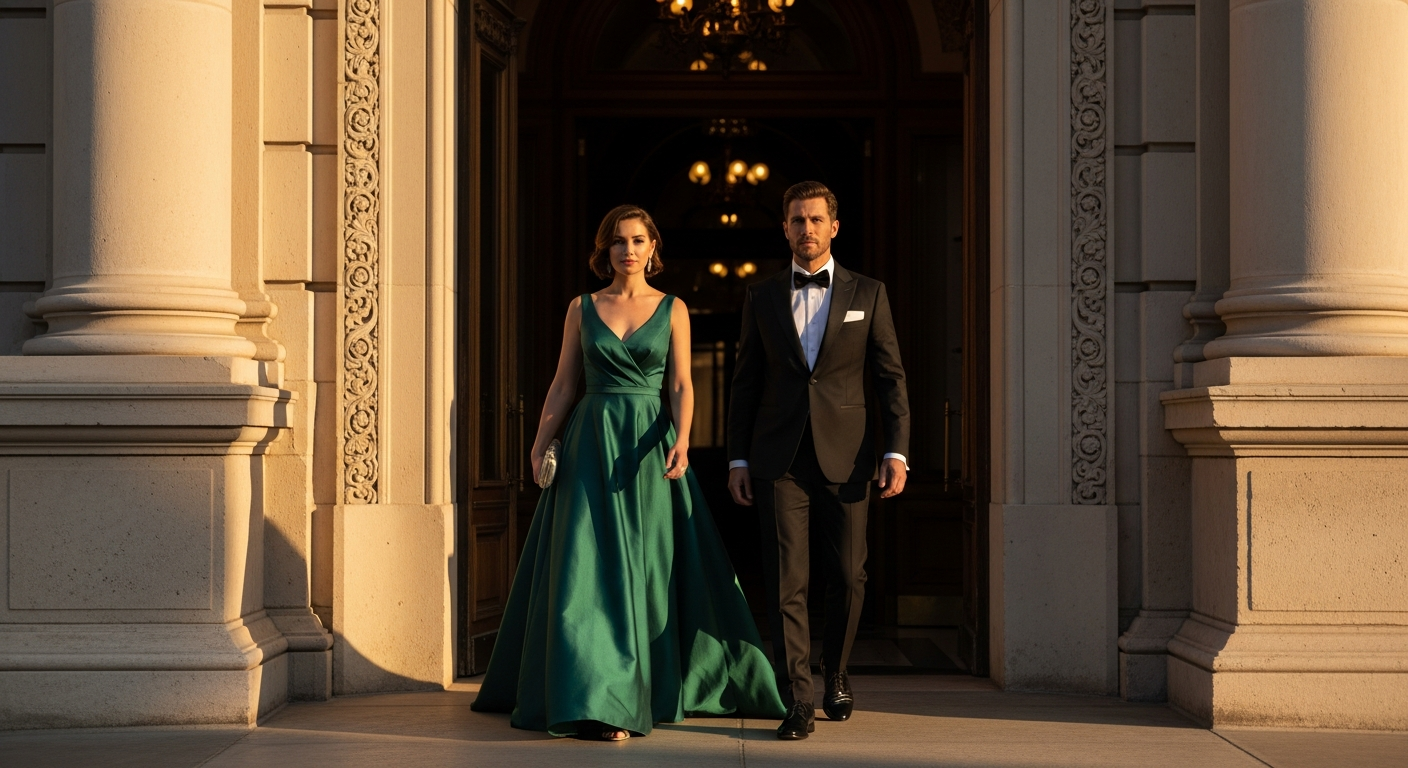 An elegantly dressed couple arriving at a grand opera house