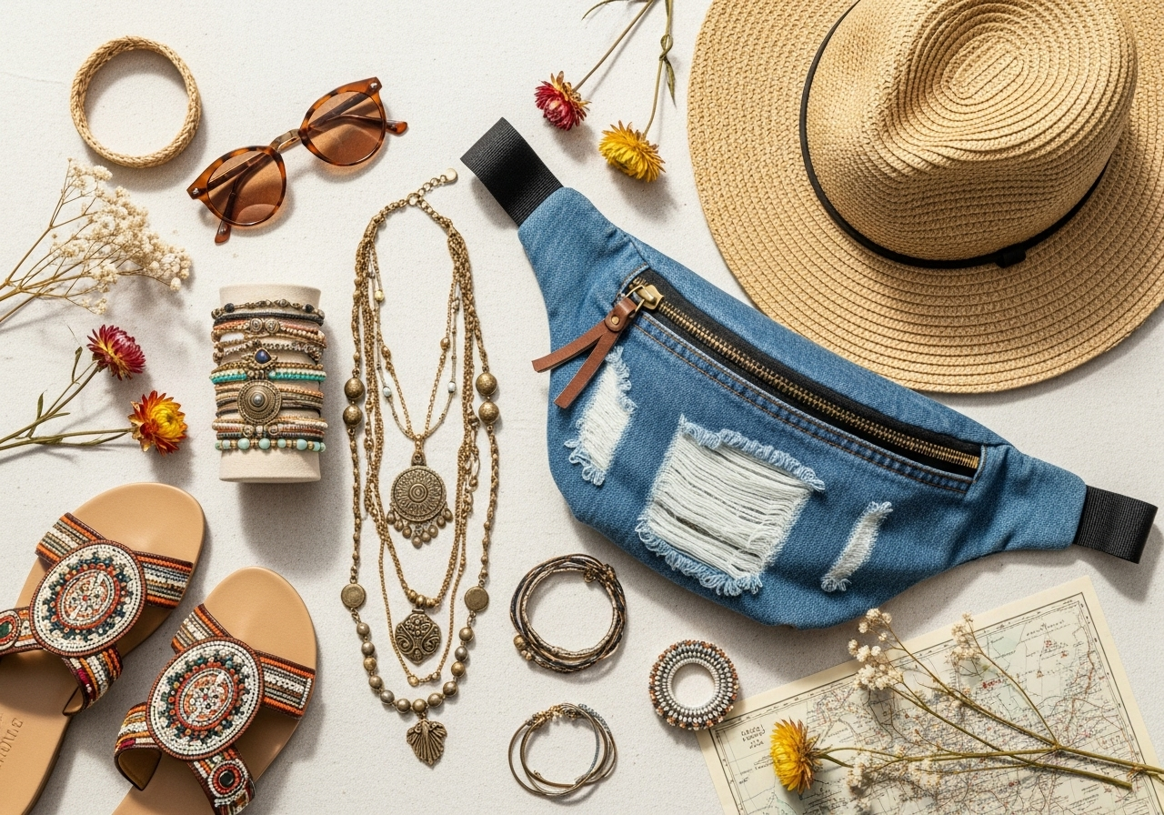 Flat lay of essential festival accessories including hat, bag, and layered jewelry