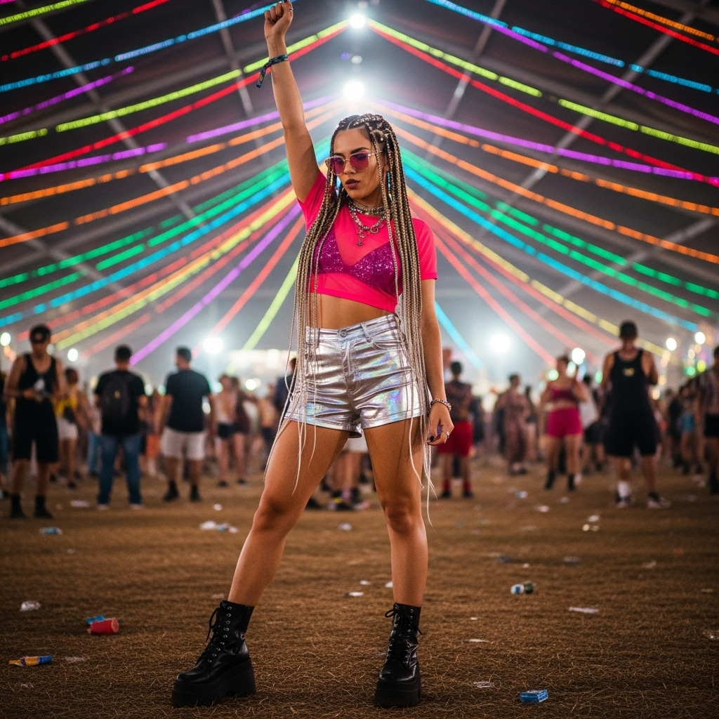 Woman in a vibrant rave-inspired festival outfit with neon colors and glitter