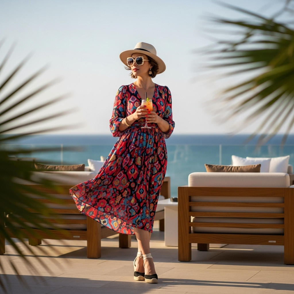 Woman enjoying a drink at a beach bar, wearing a chic resort dress, fedora, and stylish accessories.