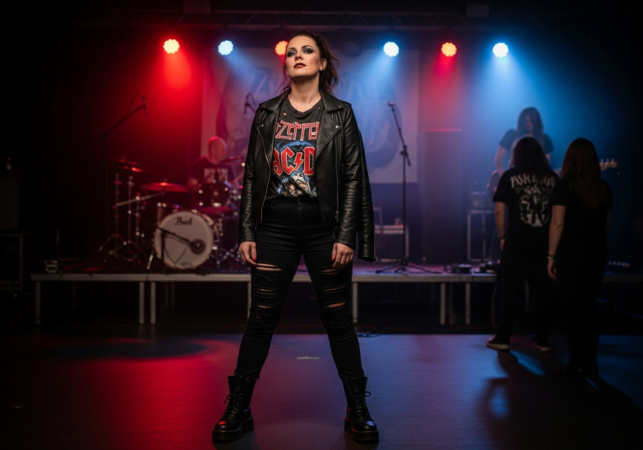 Edgy woman in a leather jacket and band tee at a rock concert.