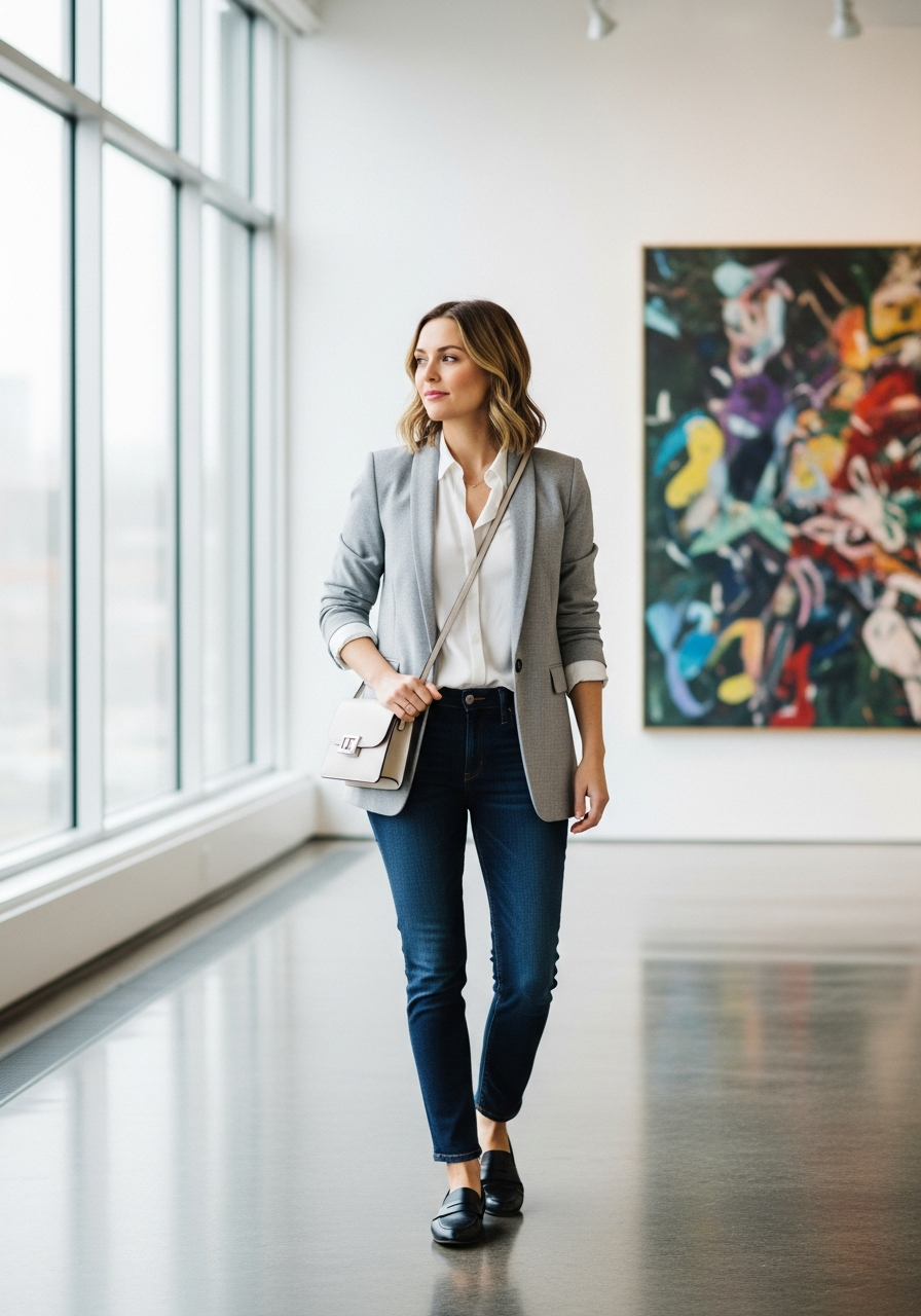 Woman in smart casual attire admiring art in a contemporary gallery