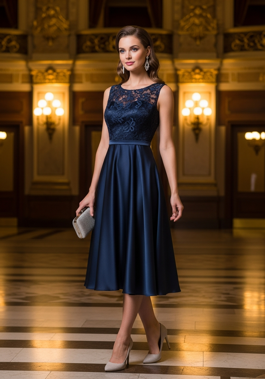 Woman in a chic navy cocktail dress suitable for opera