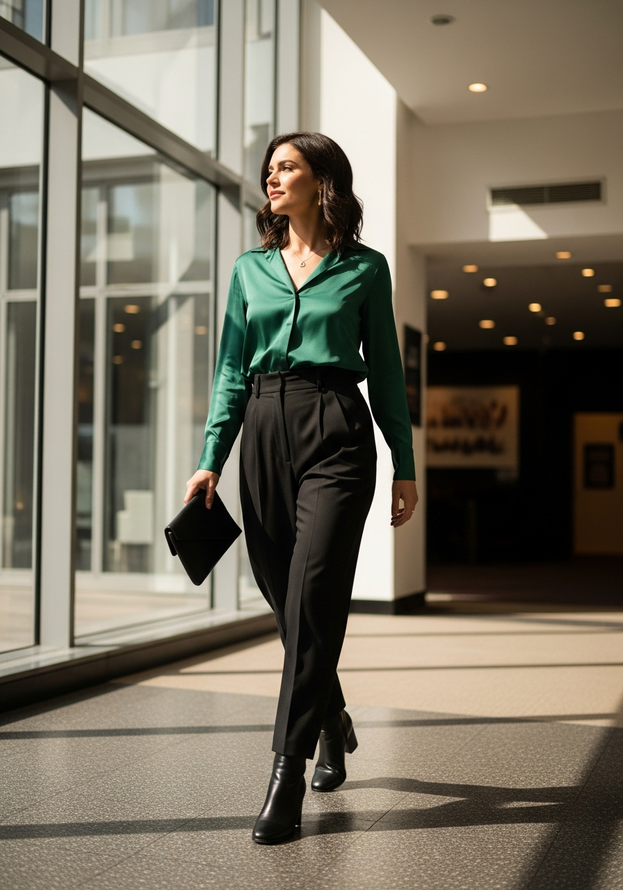 A stylish woman in a smart casual outfit suitable for a comedy theater, featuring tailored trousers and an elegant top.