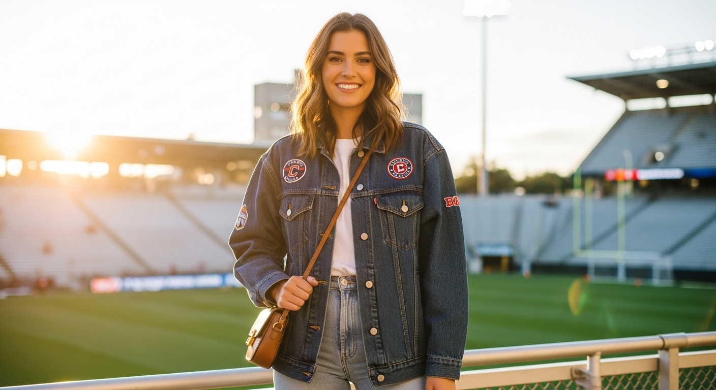 Stylish woman in a baseball stadium wearing a team-colored denim jacket and white sneakers.