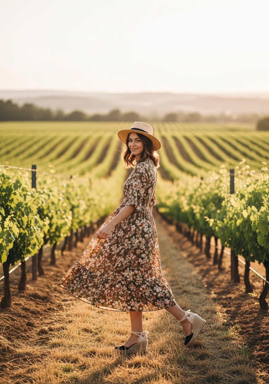 A stylish woman in a flowy midi dress and comfortable espadrilles walking through a sunny vineyard.