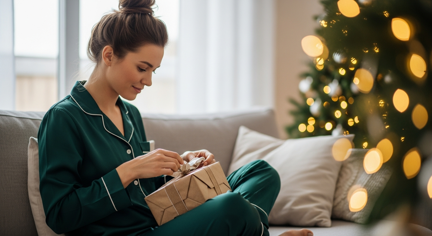 Woman in luxurious silk pajamas opening gifts on Christmas morning.