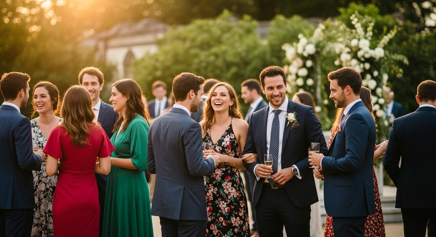 A diverse group of stylish wedding guests mingling at an outdoor reception, showcasing various formal and semi-formal outfits.