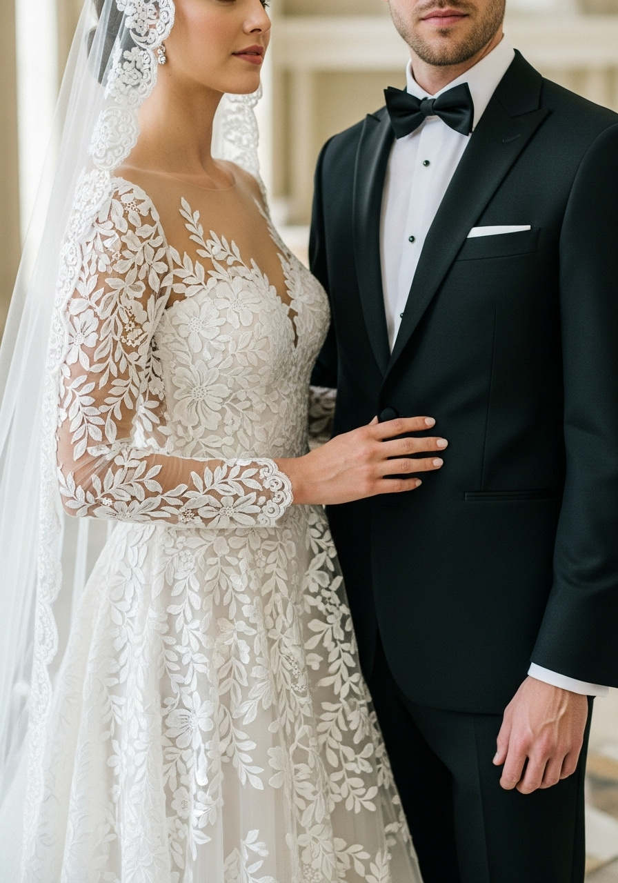 An elegant bride in a lace gown and a groom in a classic tuxedo posing together, showcasing their wedding attire.