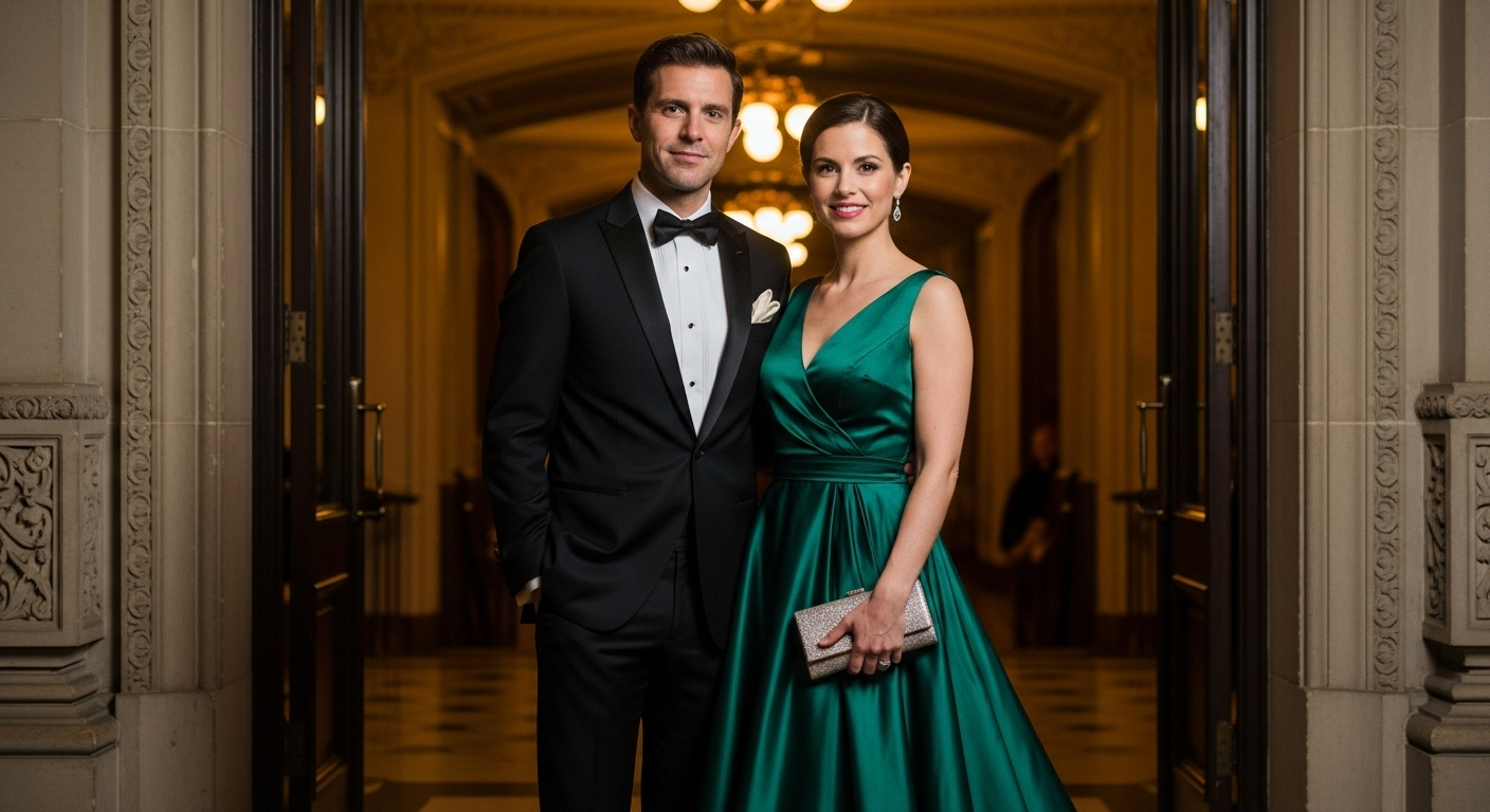 An elegant couple dressed in black tie attire at a formal gala event.