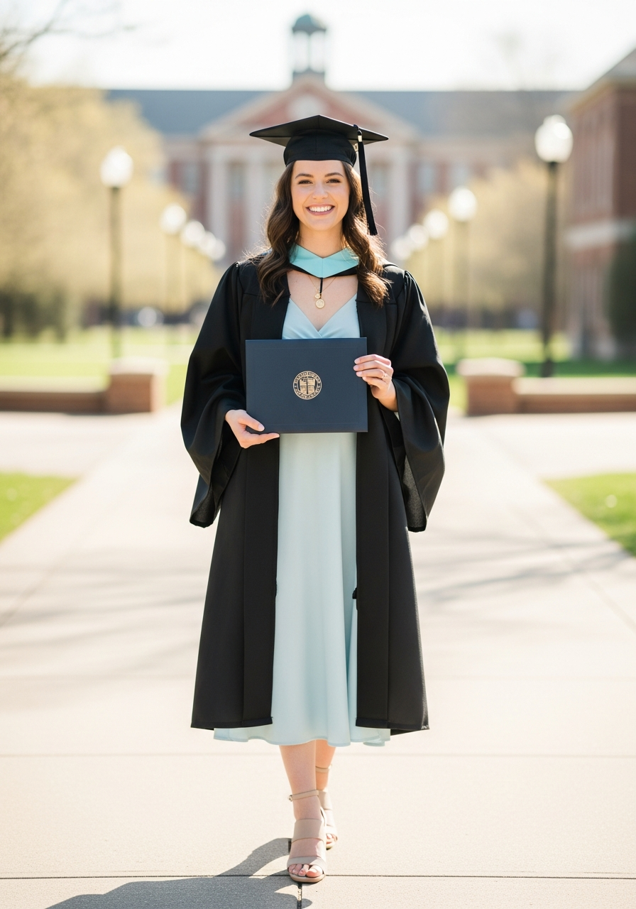 Female graduate in an elegant pastel dress under her cap and gown, smiling confidently.