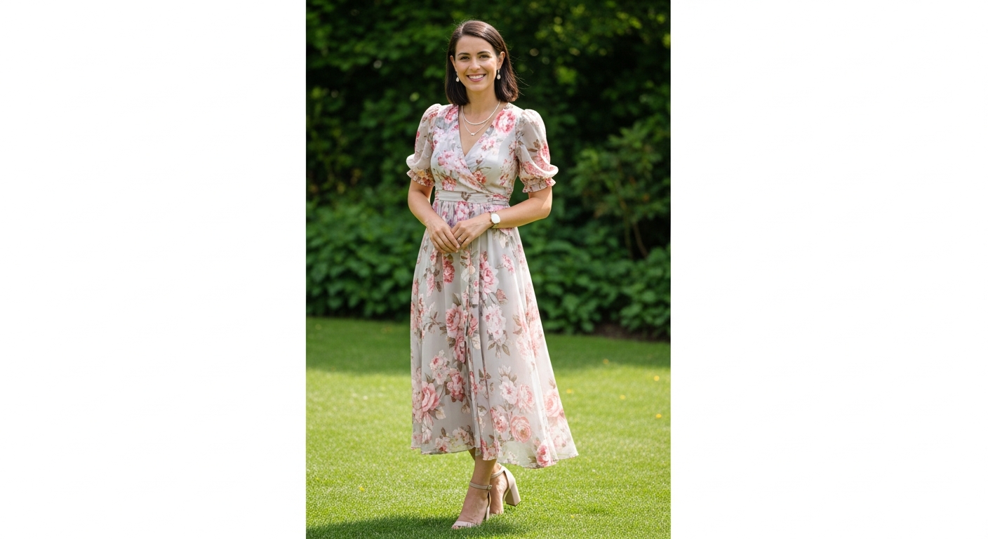 Woman attending a graduation ceremony, wearing an elegant floral midi cocktail dress.