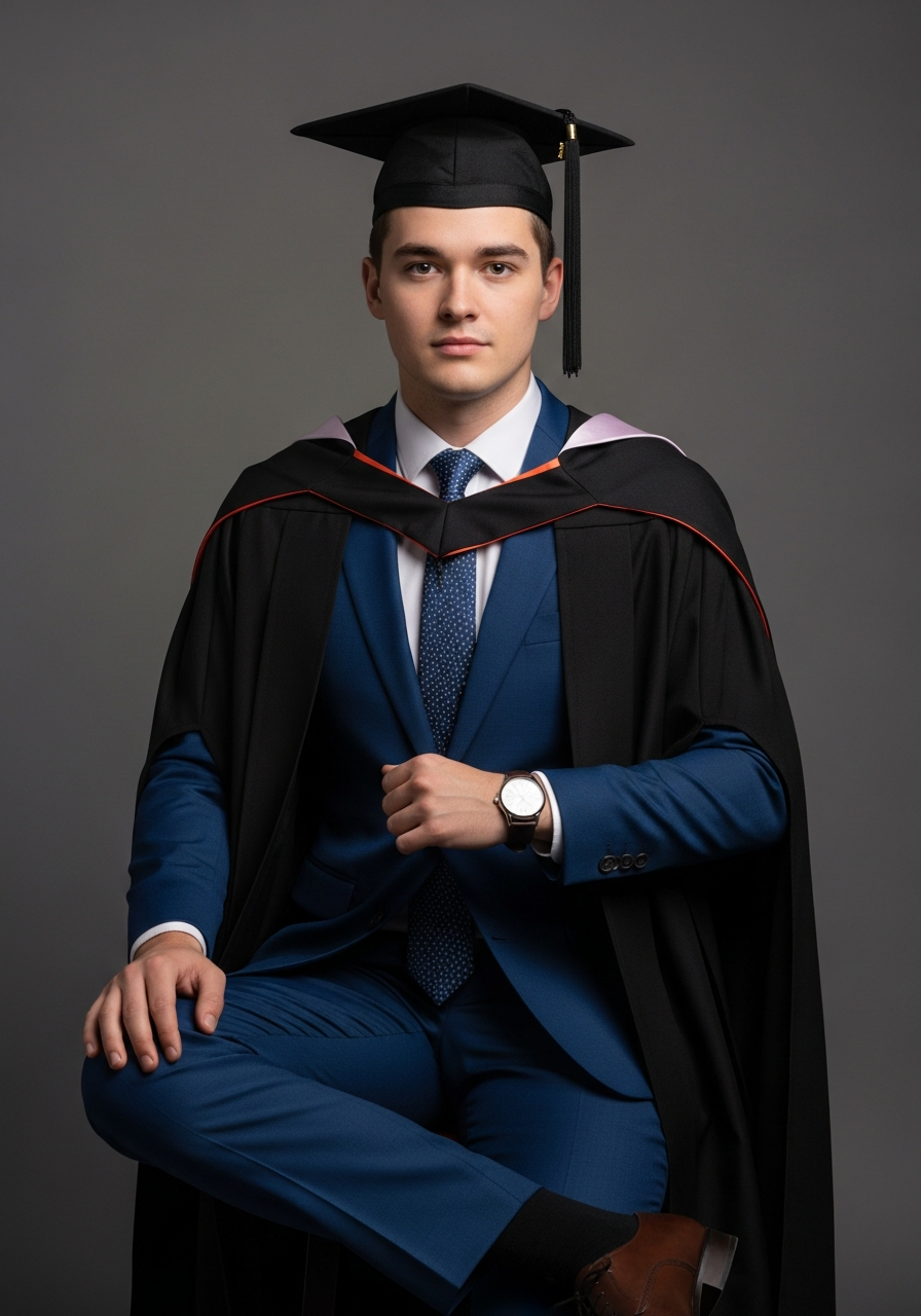 Male graduate in a sharp navy suit with a white shirt and tie, under a graduation gown.