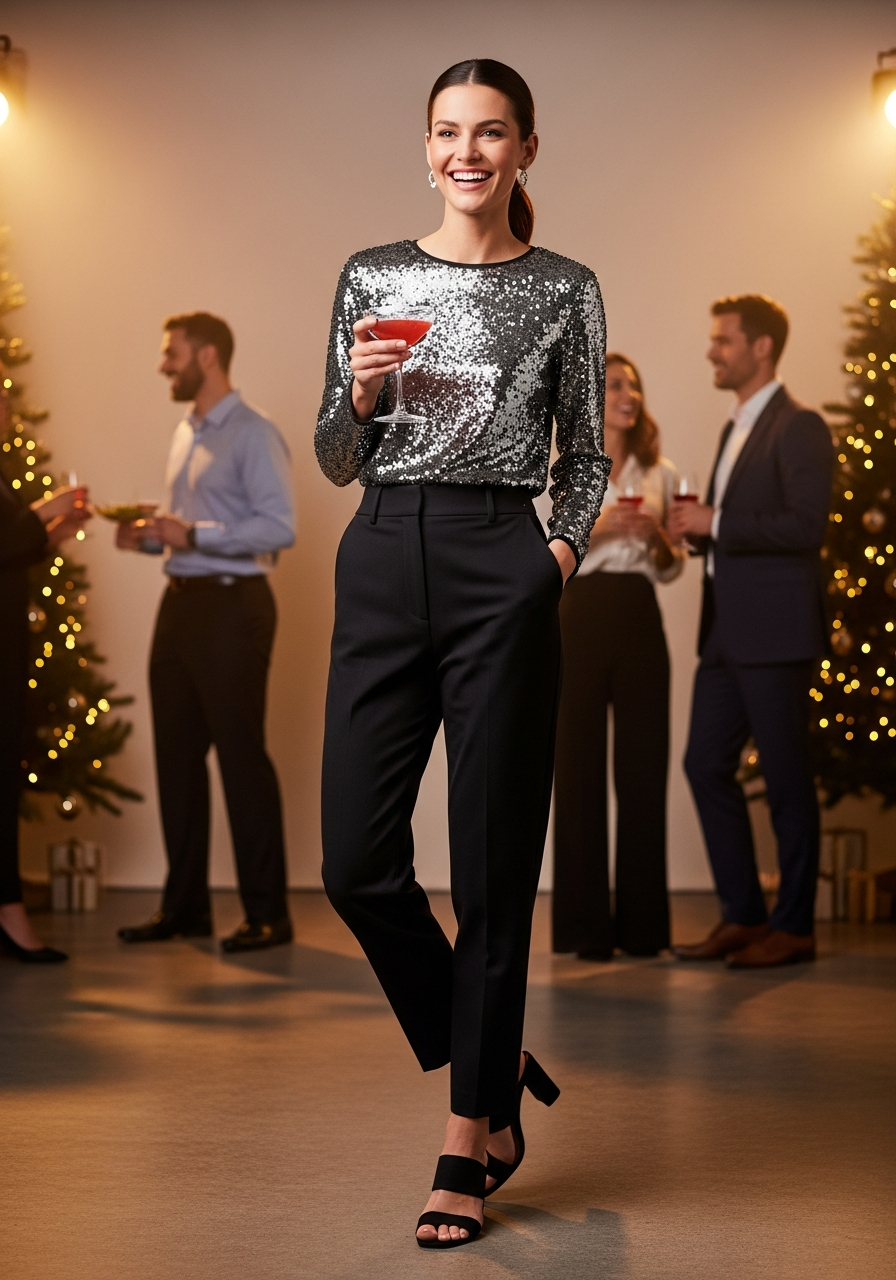 Woman in a shimmering sequin top and tailored trousers at a holiday office party.