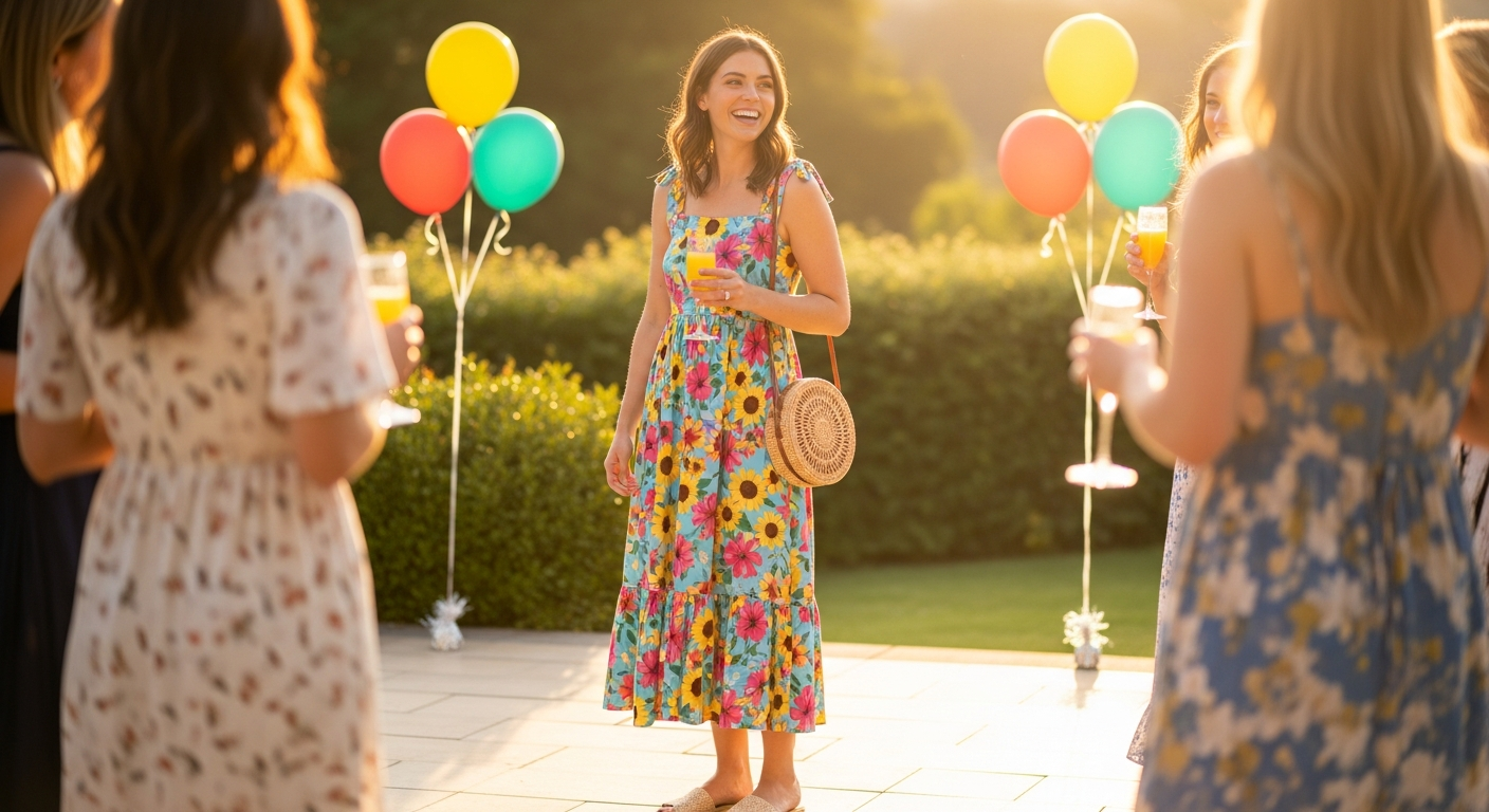 Woman in a stylish floral sundress and sandals at a bright outdoor brunch birthday party.