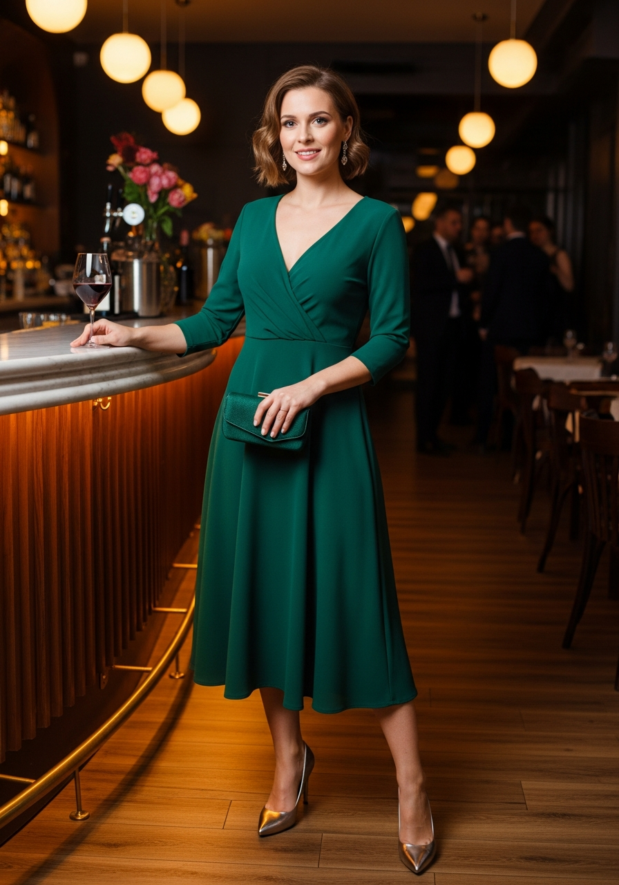 Elegant woman in a shimmering midi cocktail dress at an evening birthday party.