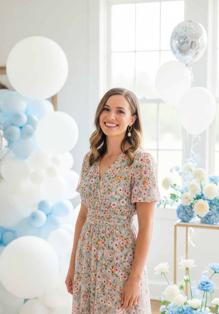 Woman in a pastel floral midi dress at a bright baby shower