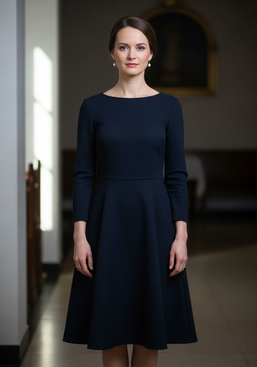Woman wearing a modest dark navy dress and simple pearl earrings for a funeral.
