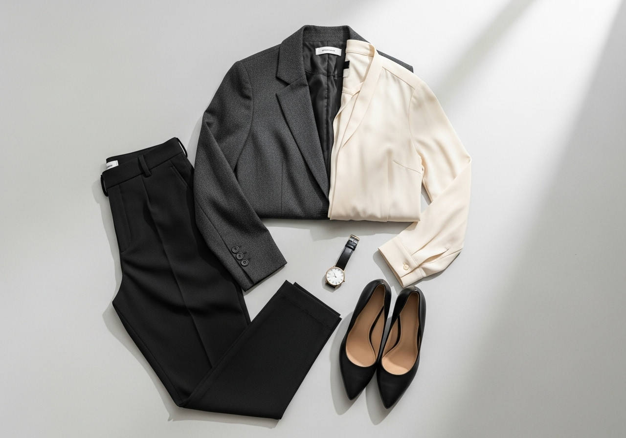 Flat lay of essential business attire items for a professional presentation.
