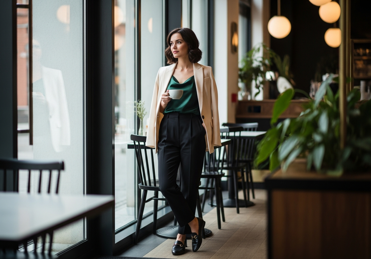 Stylish woman in business casual attire for a client meeting at a cafe.