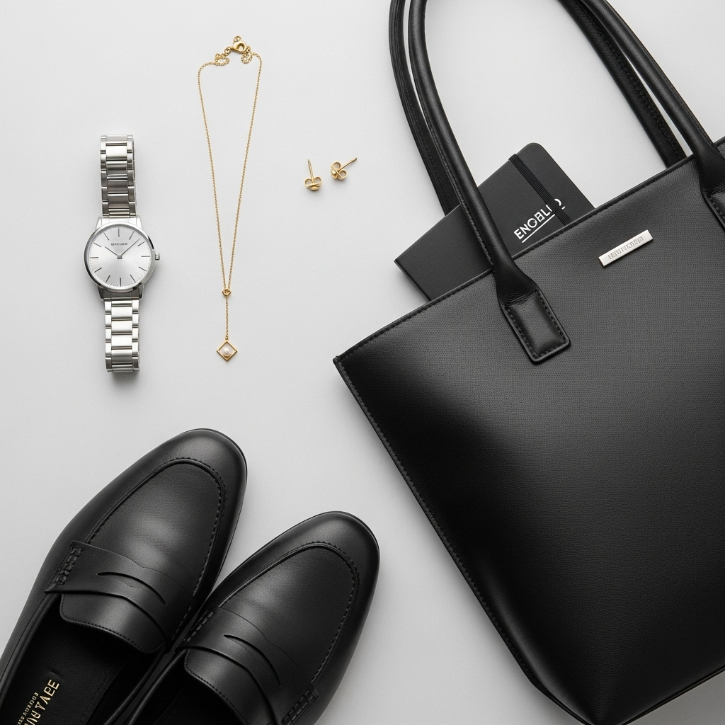 Close-up of professional conference accessories: watch, subtle jewelry, and sleek tote bag