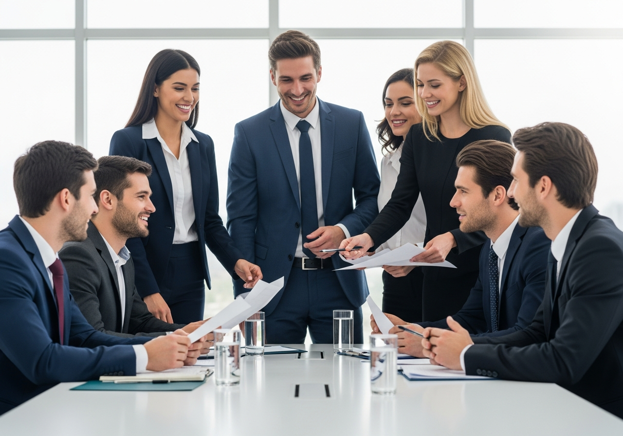 Diverse group of professionals (men and women) in business formal attire collaborating in a modern meeting room.