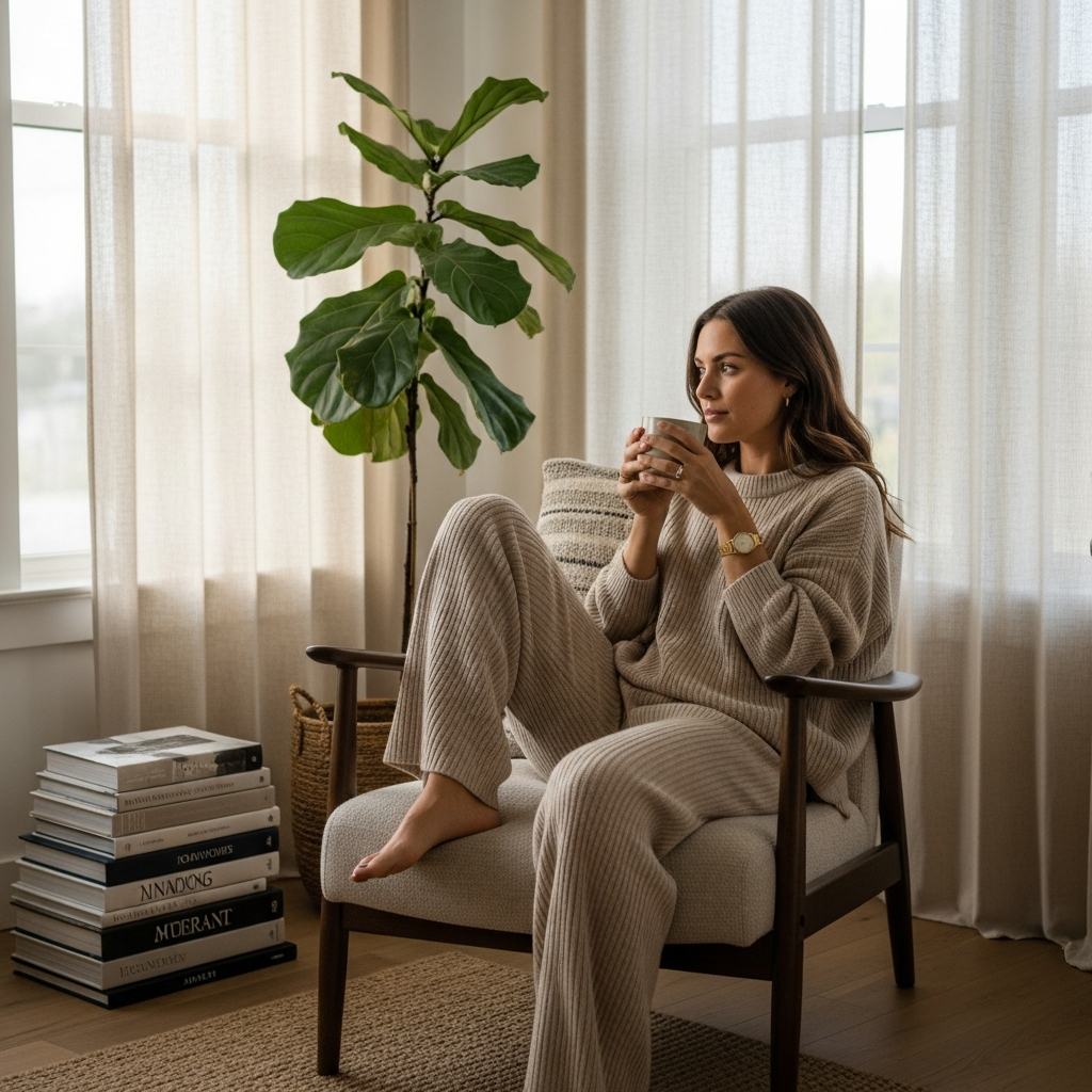Woman in stylish elevated loungewear relaxing at home.