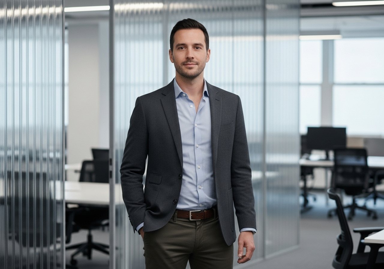 Man in business casual attire with a blazer, dress shirt, and chinos in a modern tech office