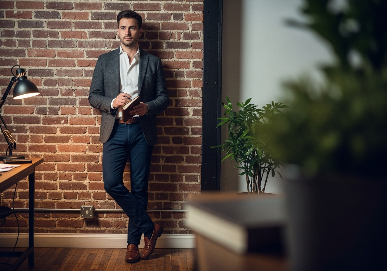 A man in a smart business casual ensemble, looking thoughtful in a creative workspace.