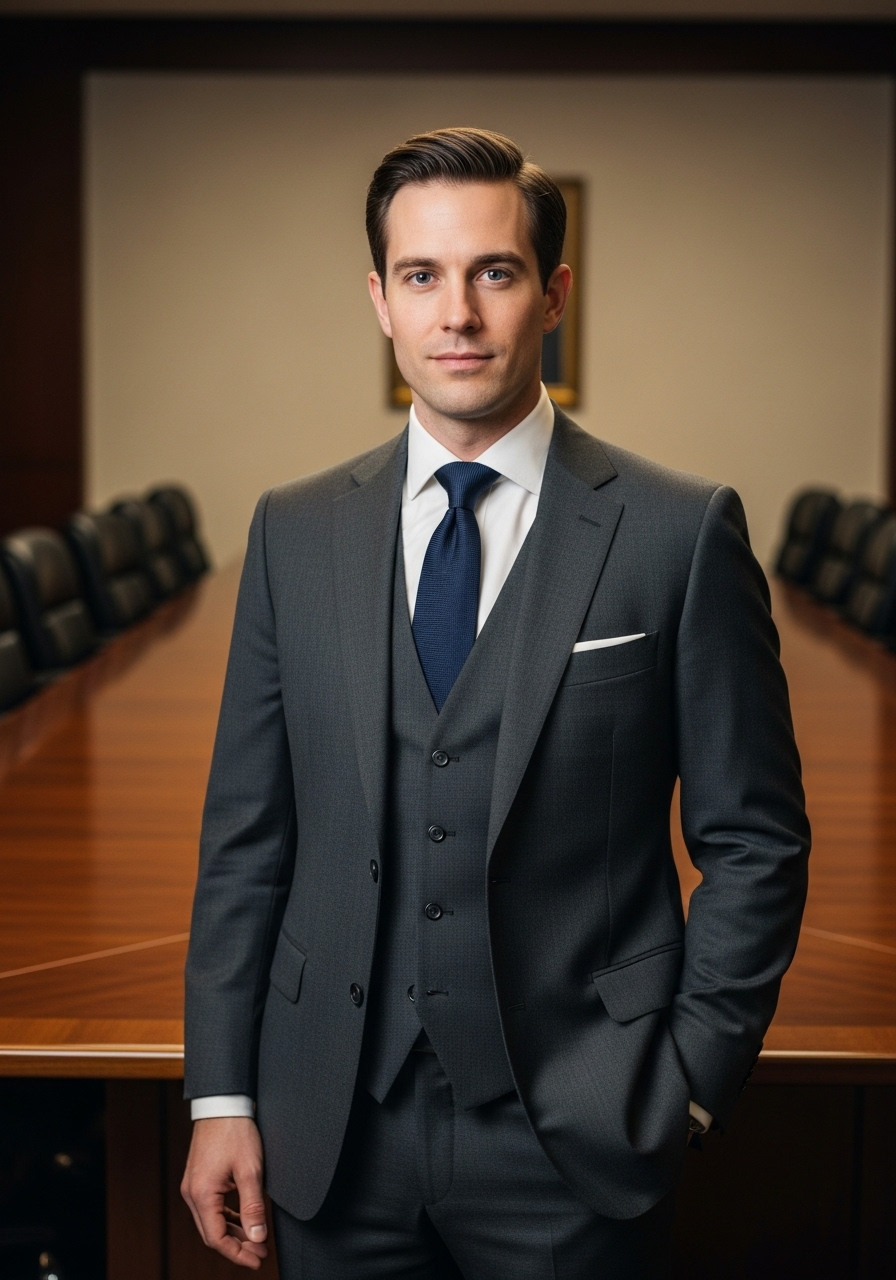Professional man in a dark grey suit, white shirt, and blue tie, looking composed in a boardroom