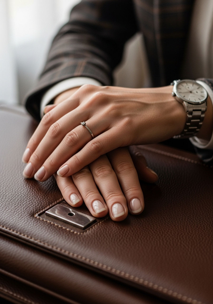 Close-up of a woman's hands with a classic watch and subtle jewelry, complementing a professional outfit.