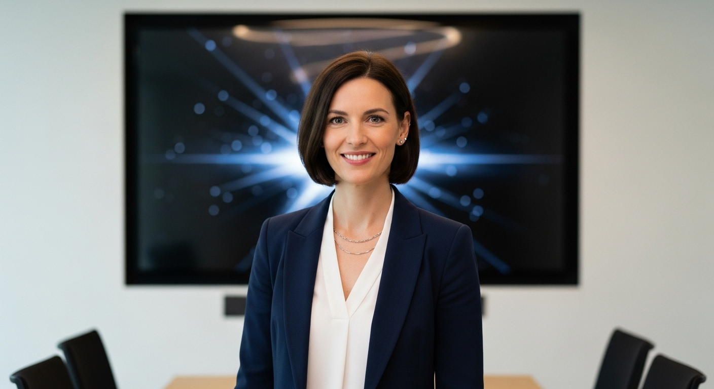 A confident woman in a tailored navy suit presenting in a modern office.