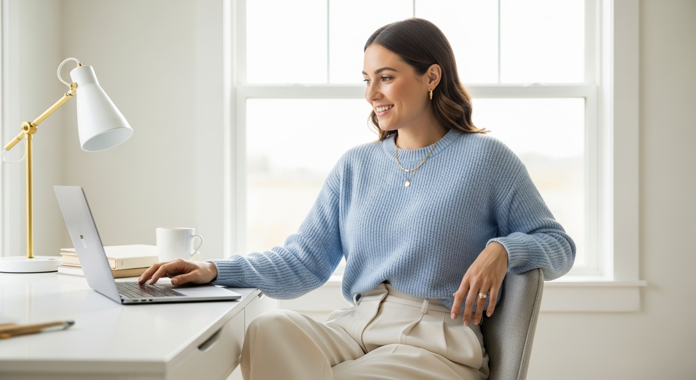 Woman in a stylish yet comfortable work from home outfit, sitting at a desk.