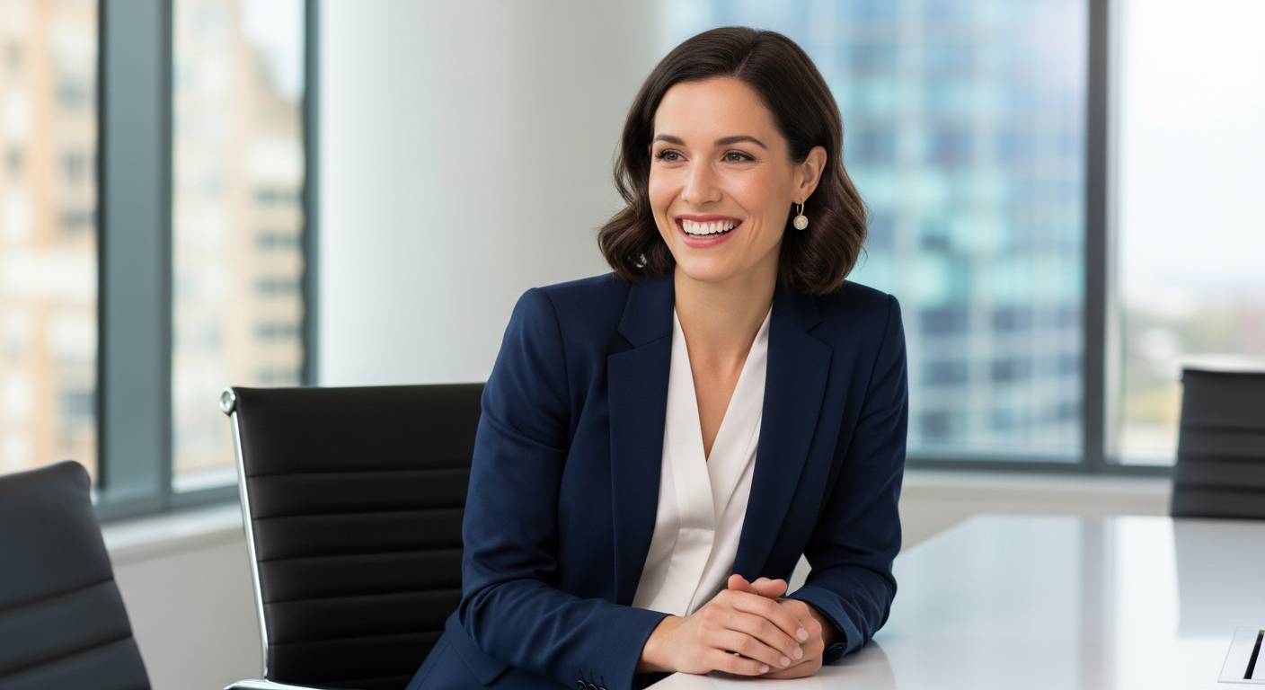 Professional woman in a tailored navy suit meeting a client in a modern office.