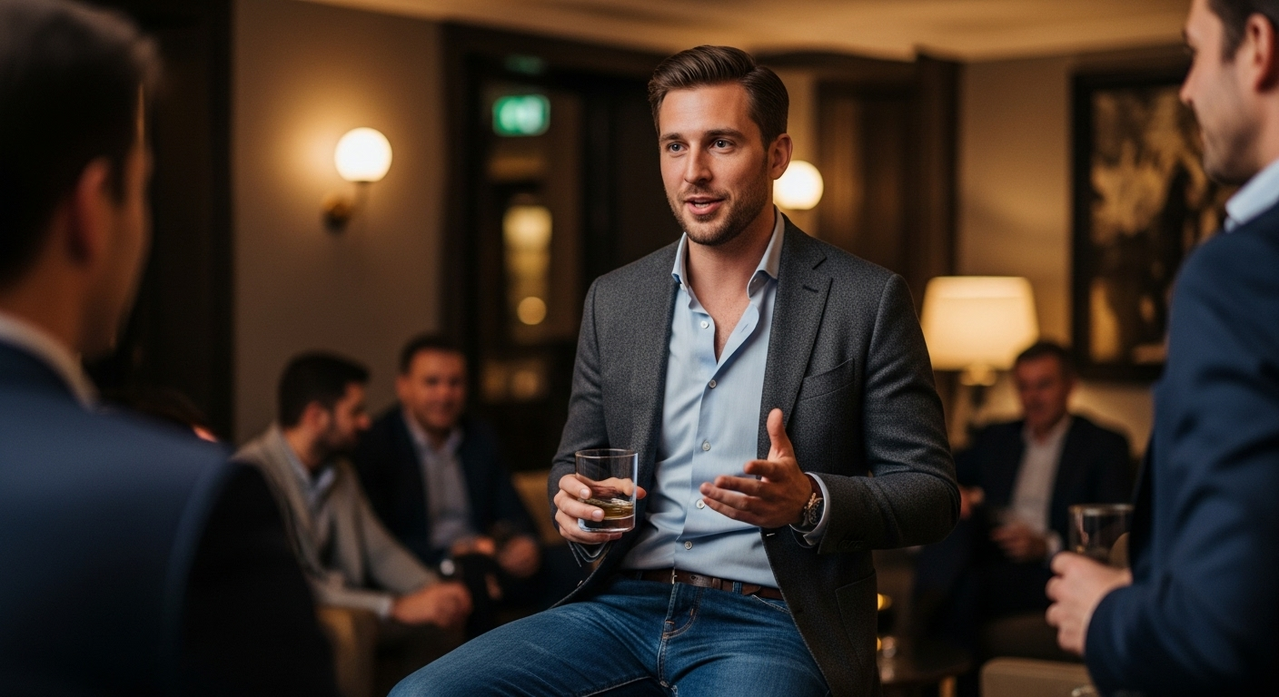 A stylish man in smart casual attire engaging in conversation at a relaxed networking gathering.