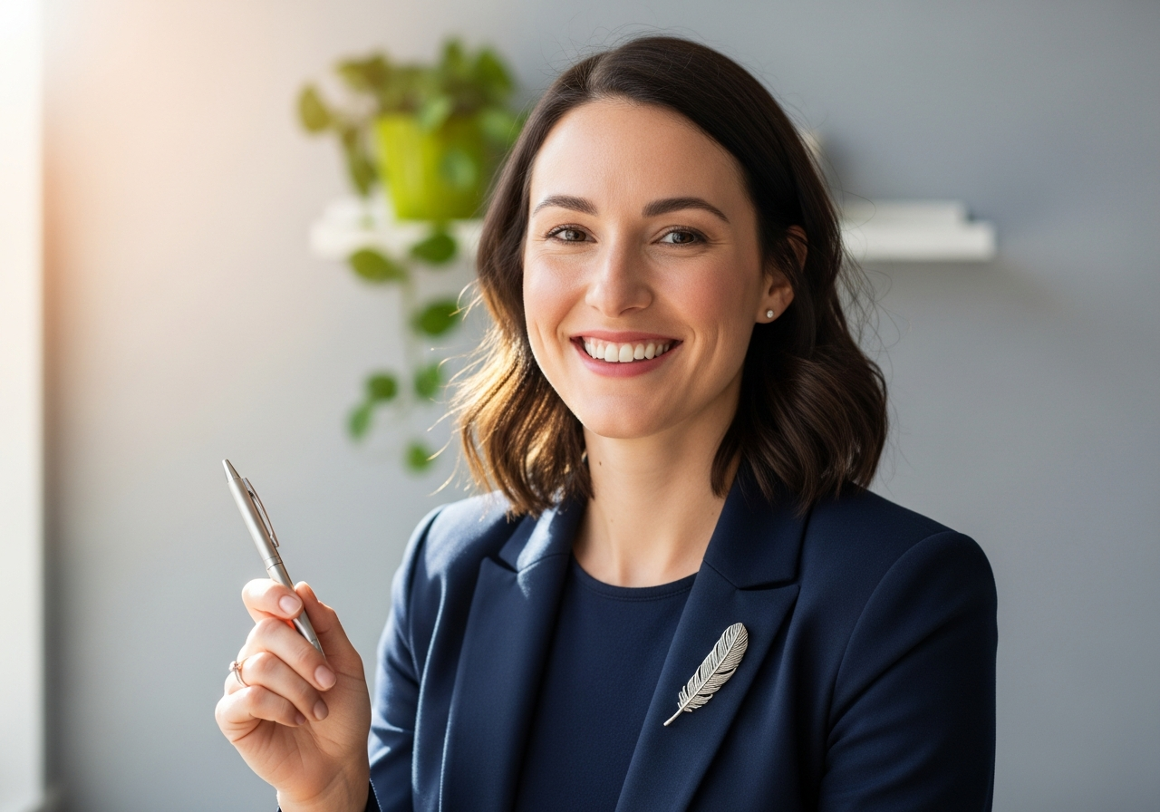 Woman in a smart blouse and blazer for a virtual meeting.