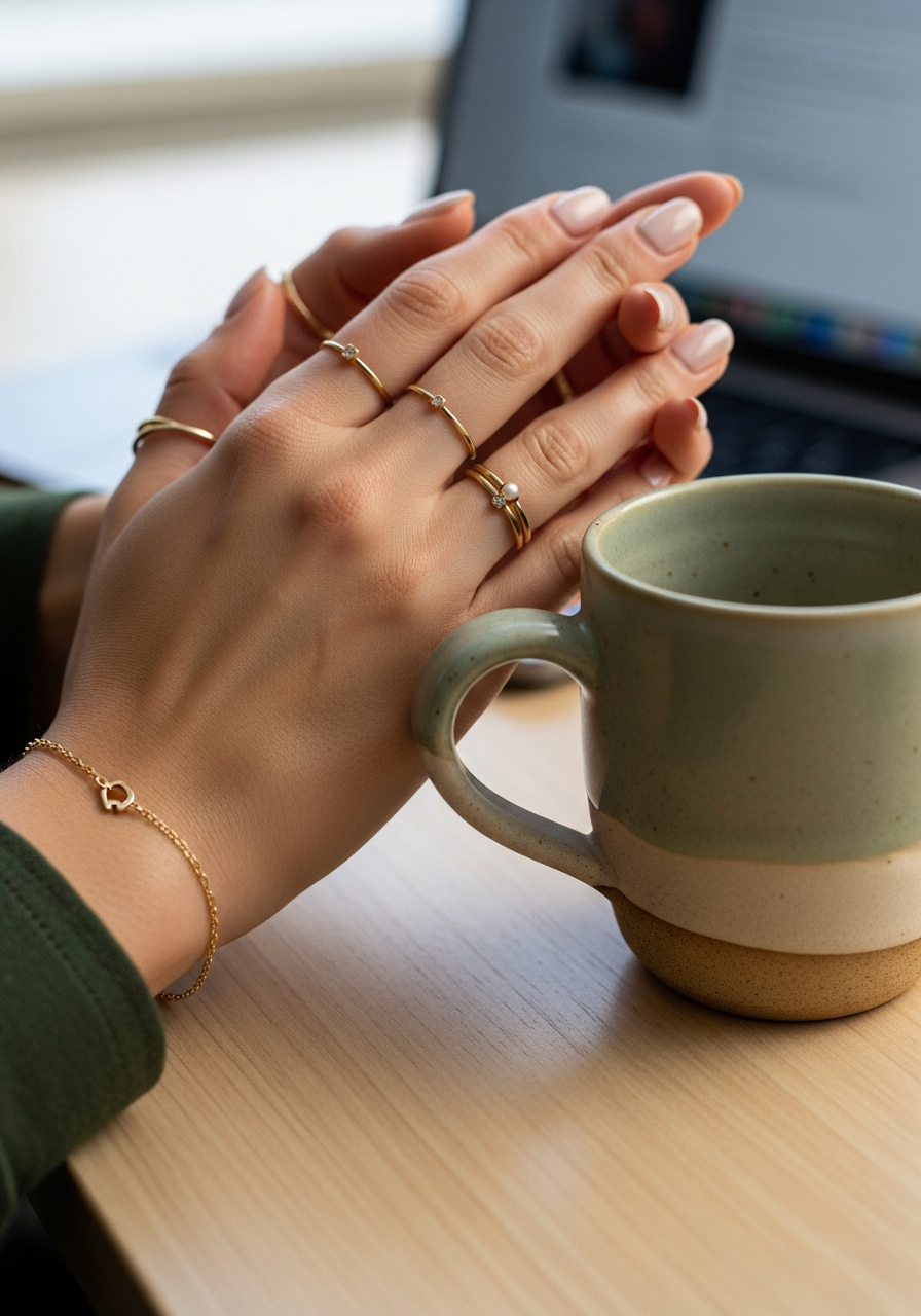 Close-up of hands with delicate jewelry and a stylish mug on a desk.