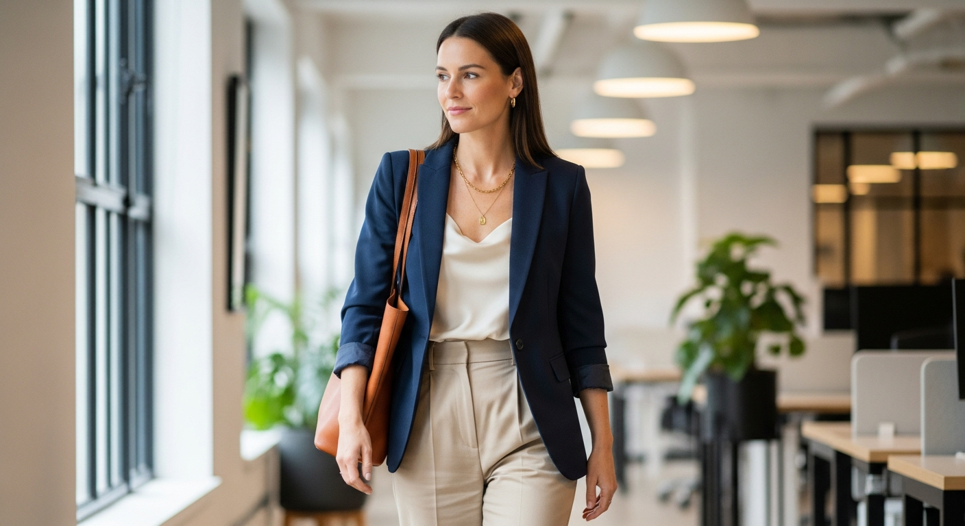 Woman in a chic navy blazer, cream silk top, and tailored beige trousers, walking through a bright workspace.