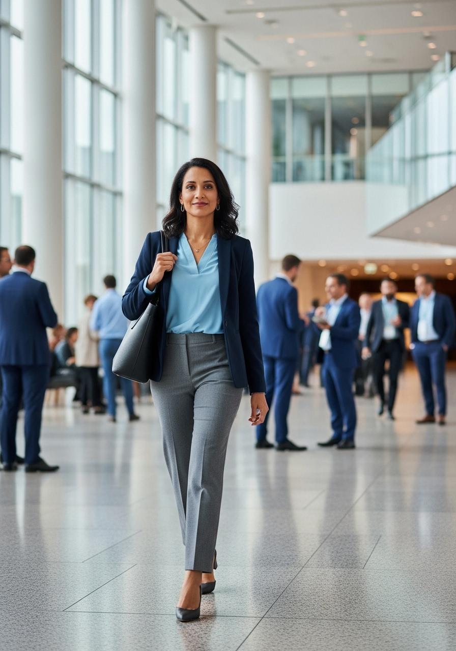 Professional woman in a stylish business casual outfit at a conference