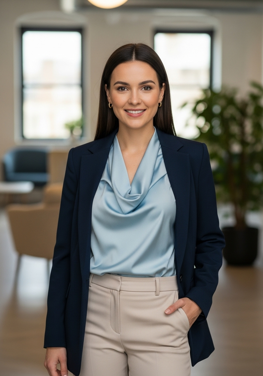 A professional woman in a stylish business casual outfit, smiling confidently in a modern office.