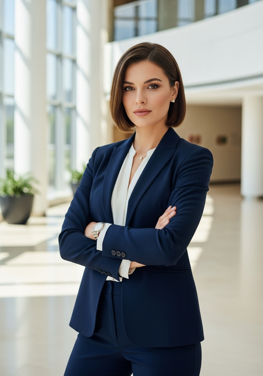 Professional woman in a tailored navy pantsuit, smiling confidently in an office lobby