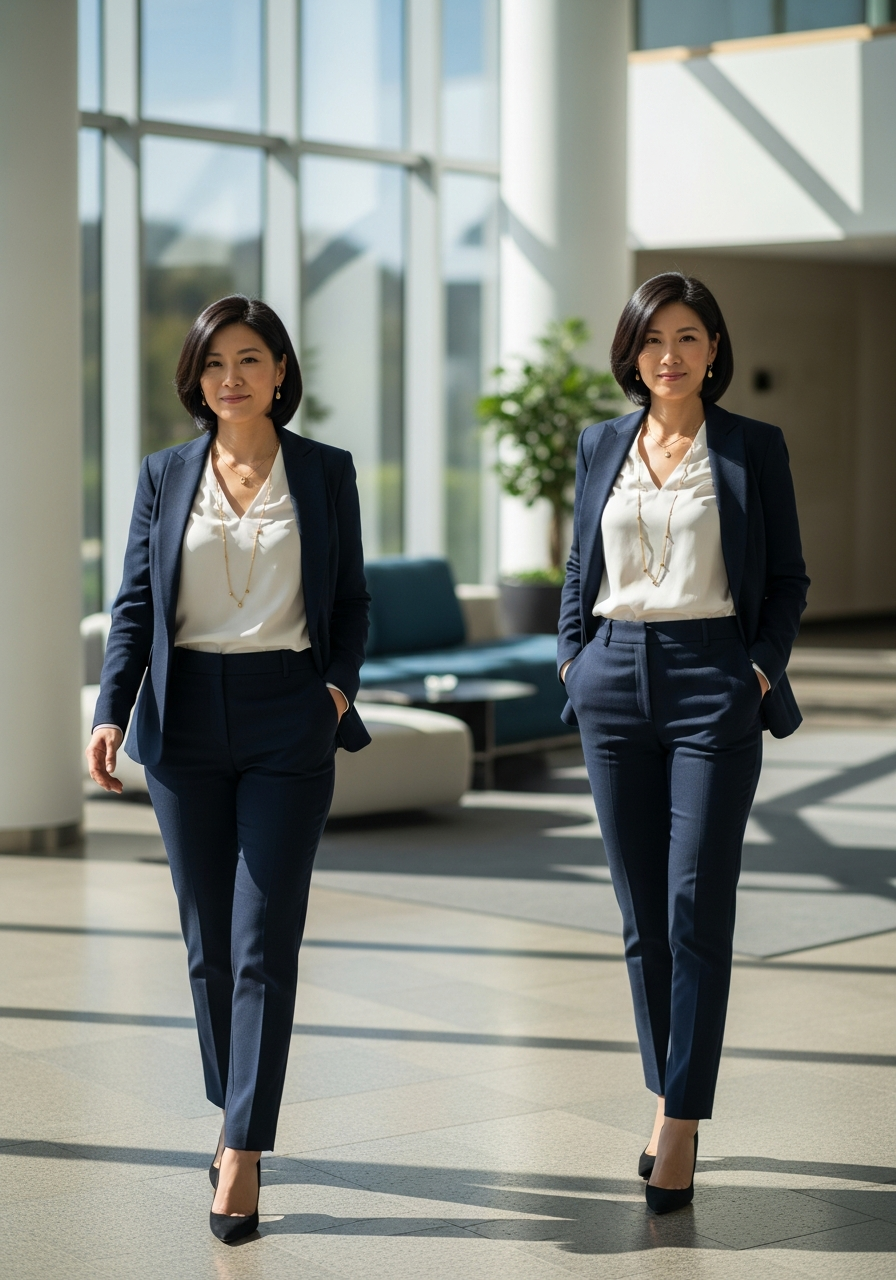 Professional woman in a well-fitted navy business formal pant suit with a white blouse and minimal jewelry.
