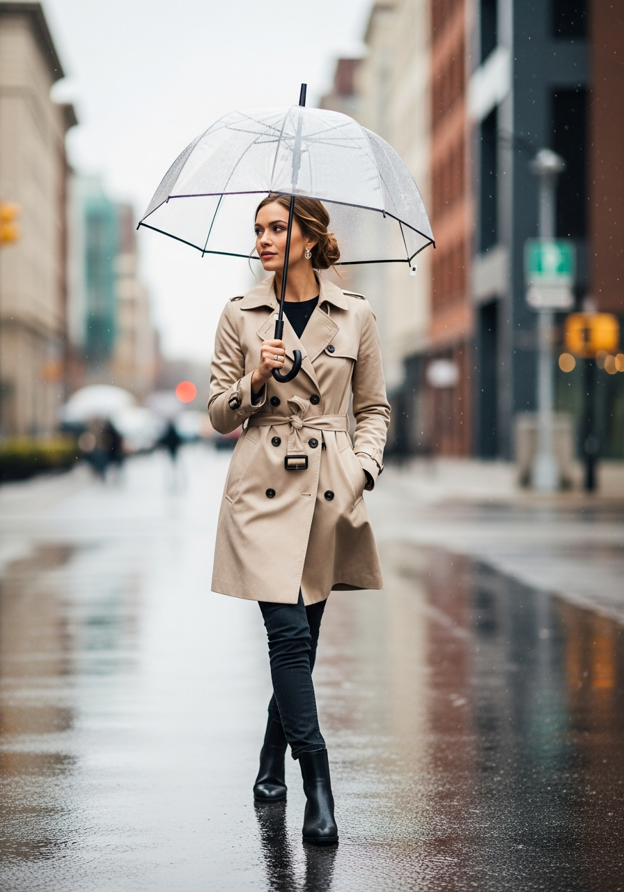 Stylish woman walking in the rain wearing a beige trench coat, rain boots, and carrying an umbrella.