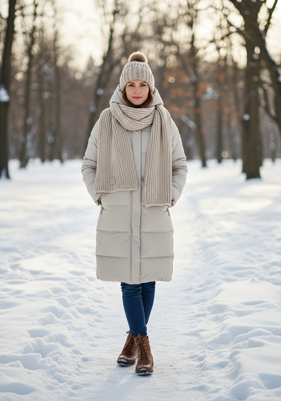 Woman in a stylish, warm snowy day outfit, standing in a picturesque snowy landscape